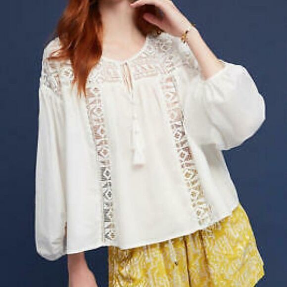Anthropologie Tops - Anthropologie Eri + Ali White Crochet Lace Oversized Peasant Top‎ Small